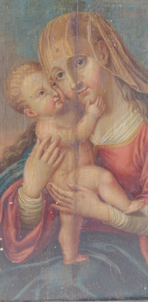 Virgin And Child, Oil On Panel 18th Century -photo-2