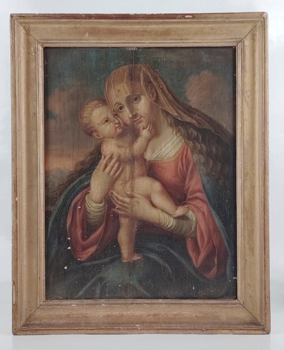 Virgin And Child, Oil On Panel 18th Century 