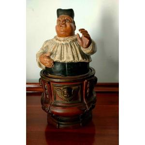 Tobacco Pot: Priest In Pulpit Preaching, Polychrome Terracotta 