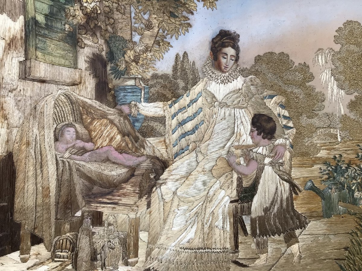 Tableau Broderie Dite Peinture à L’aiguille , Femme Enfant Et Jouets 1820-photo-3