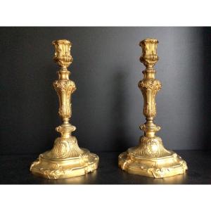 Pair Of Gilt Bronze Candlesticks Signed H.picard Napoléon III