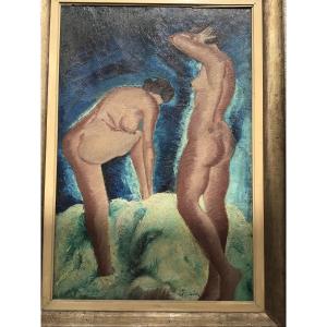 Large Oil On Canvas Piero Poraccia Nudes Women Bathing Signed Dated 1929