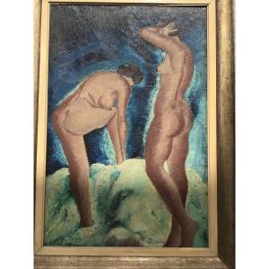 Grande Huile Sur Toile Piero Poraccia  Nus Femmes Au Bain Signé Daté 1929