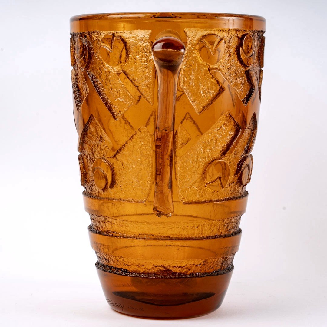 1930 Daum Nancy - Vase Geometric Art Deco Vase With Handles Amber Orange Acid Etched Glass-photo-4