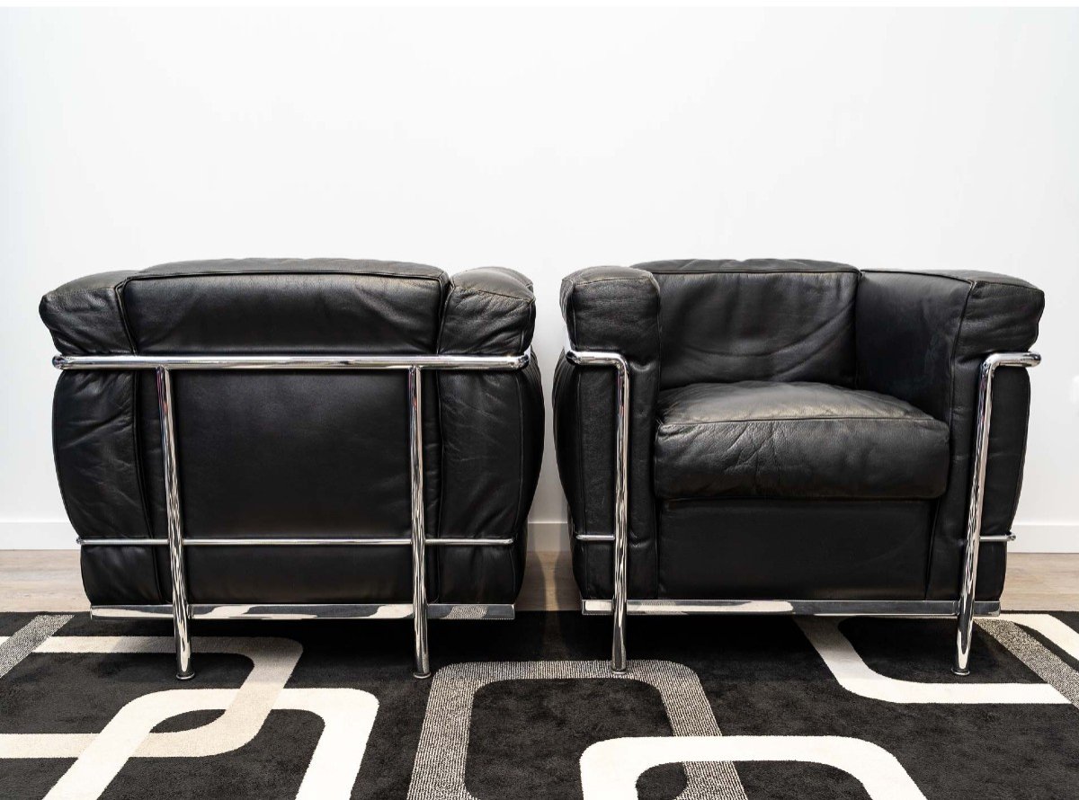 Le Corbusier, Perriand, Jeanneret - Cassina - Paire De Fauteuils LC2 Cuir Noir-photo-2