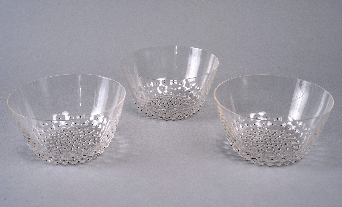 1934 René Lalique - Bowls Cups Cactus Clear Glass With Black Enamel - 3 Pieces