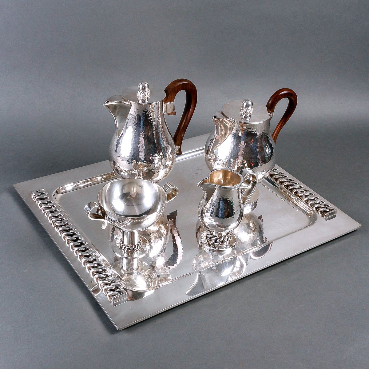 Jean Desprès - Tea Coffee Set Art Deco Hammered Silver Plated Metal