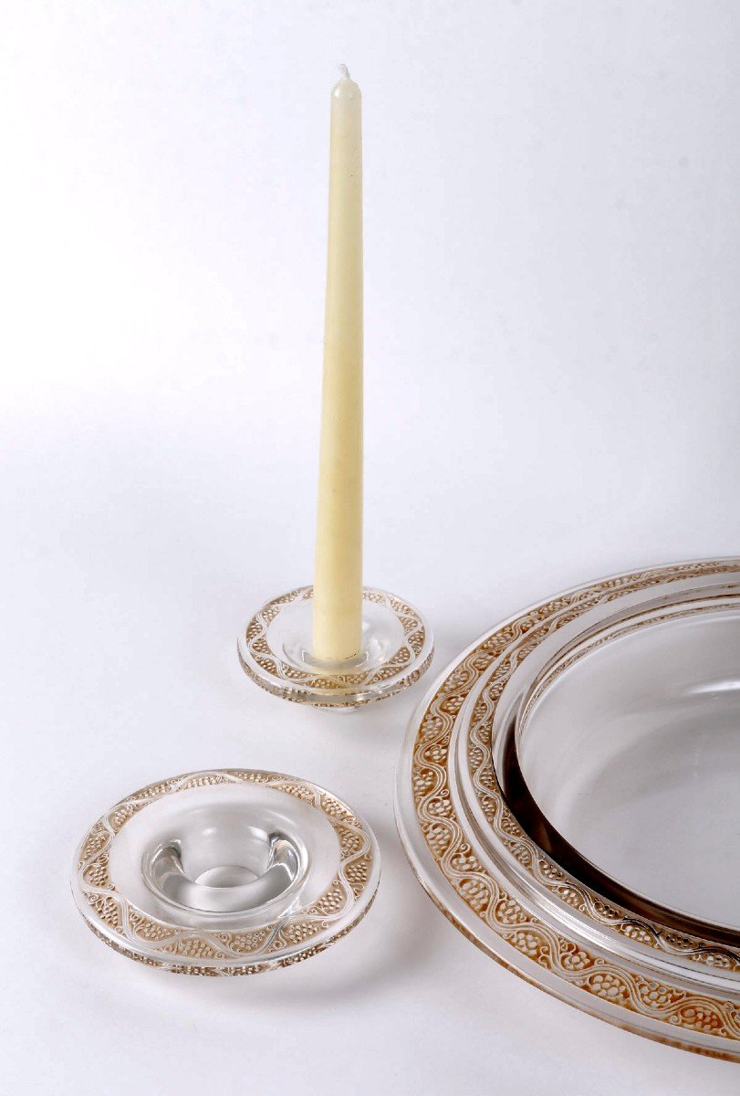 René Lalique - Pair Of Candlesticks And Bowl Ricquewihr Glass With Sepia Patina-photo-3