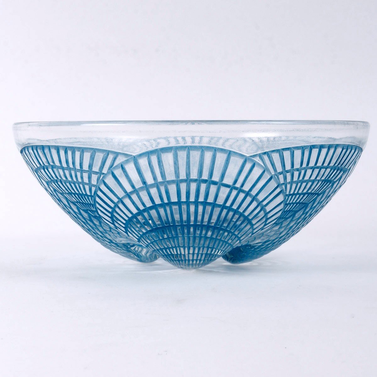 1924 René Lalique - Service Coquilles Assiettes Bol Verre Blanc Patiné Bleu - 6 Pièces-photo-3