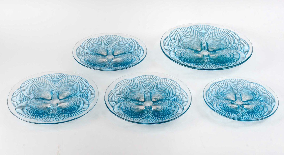 1924 René Lalique - Service Coquilles Assiettes Bol Verre Blanc Patiné Bleu - 6 Pièces-photo-1