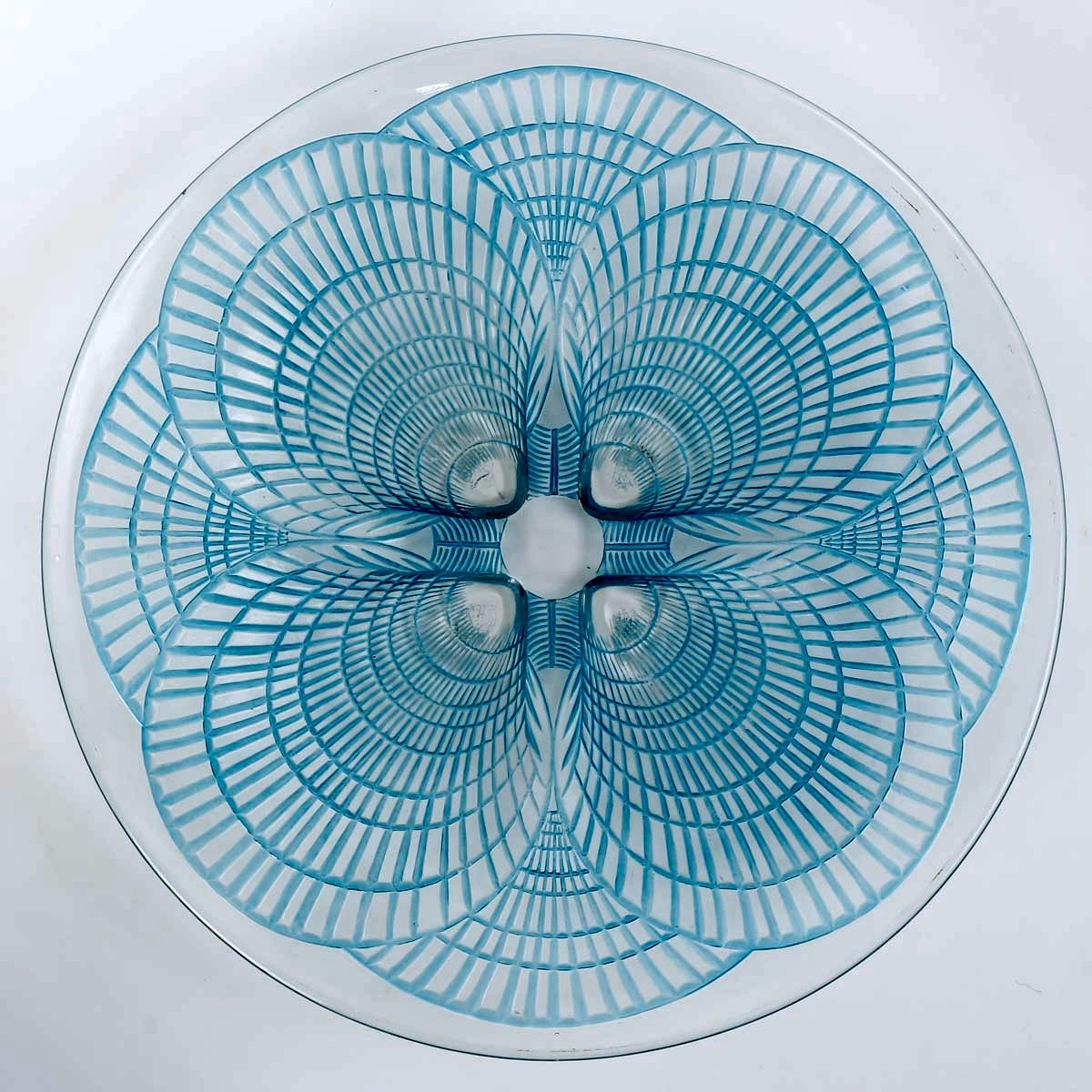 1924 René Lalique - Service Coquilles Assiettes Bol Verre Blanc Patiné Bleu - 6 Pièces-photo-3