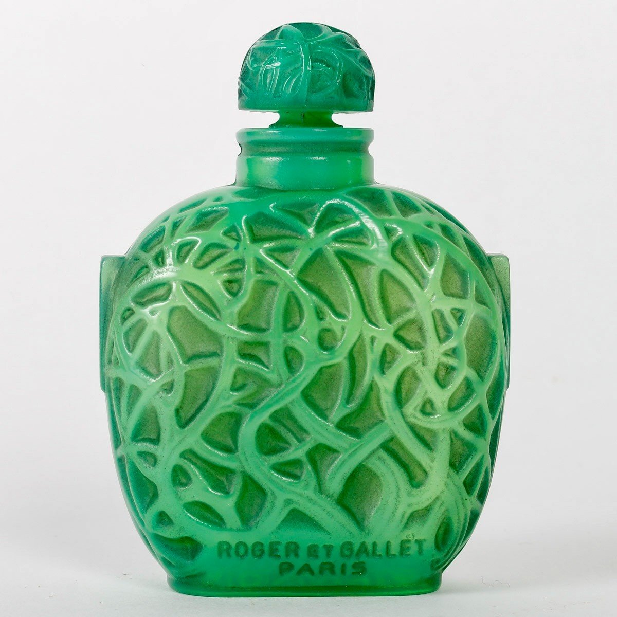 1926 René Lalique - Flacon Le Jade Verre Vert Jade Patiné Gris Pour Roger & Gallet-photo-2