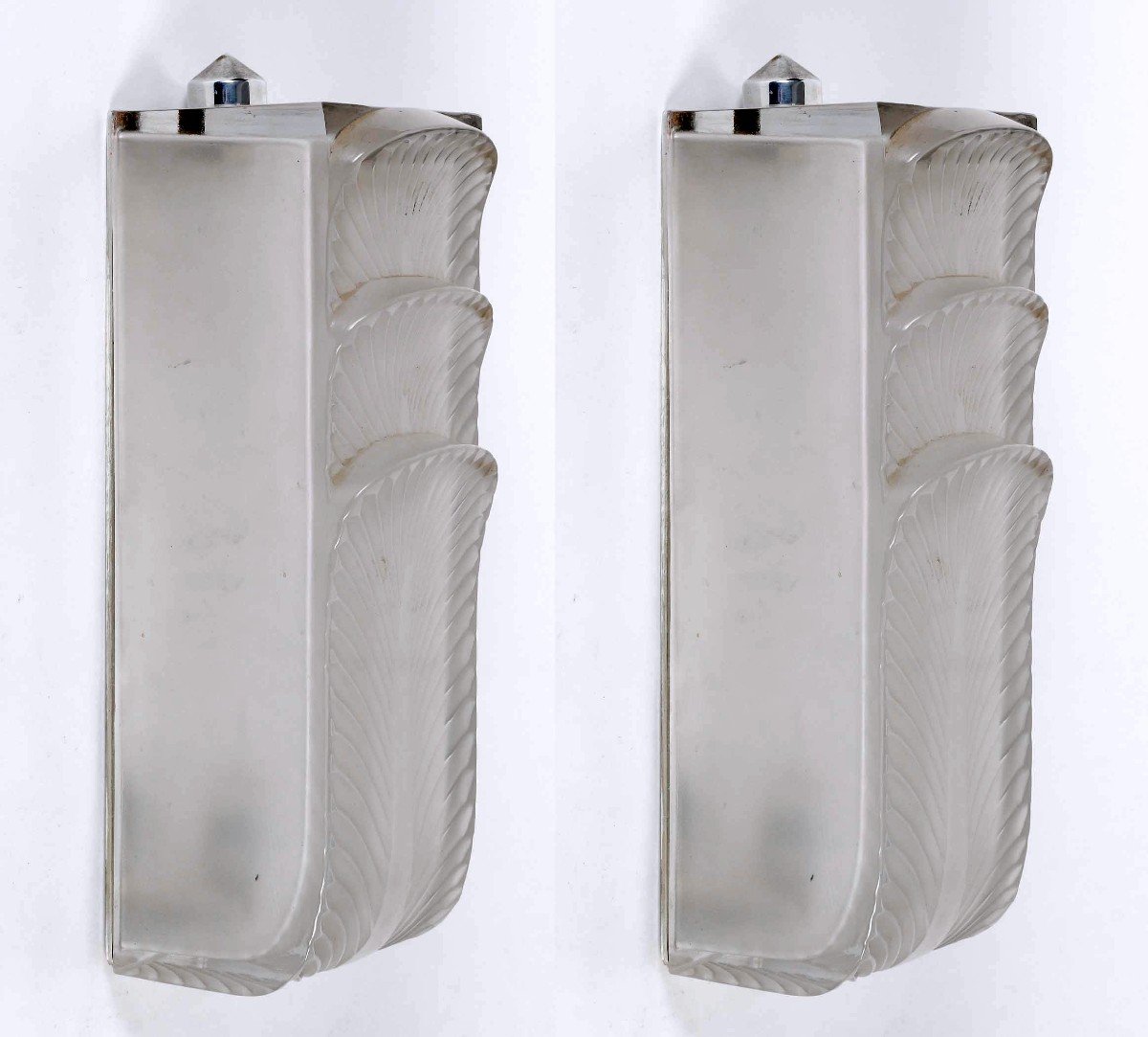 1935 René Lalique - Pair Of Art Deco Sconces Wall Lights Languedoc Glass-photo-2