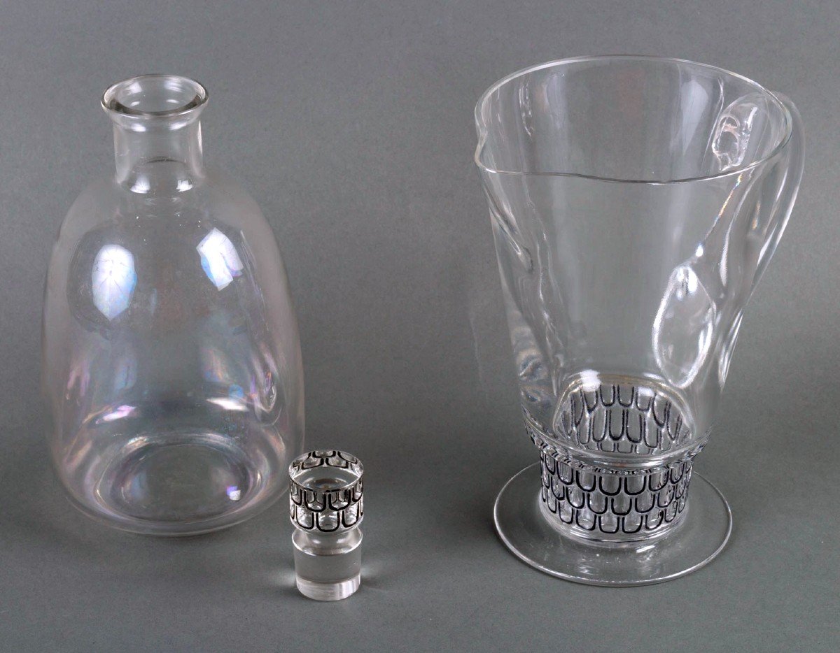 1926 René Lalique -decanter And Pitcher Saint Nabor Glass Black Enamel-photo-2