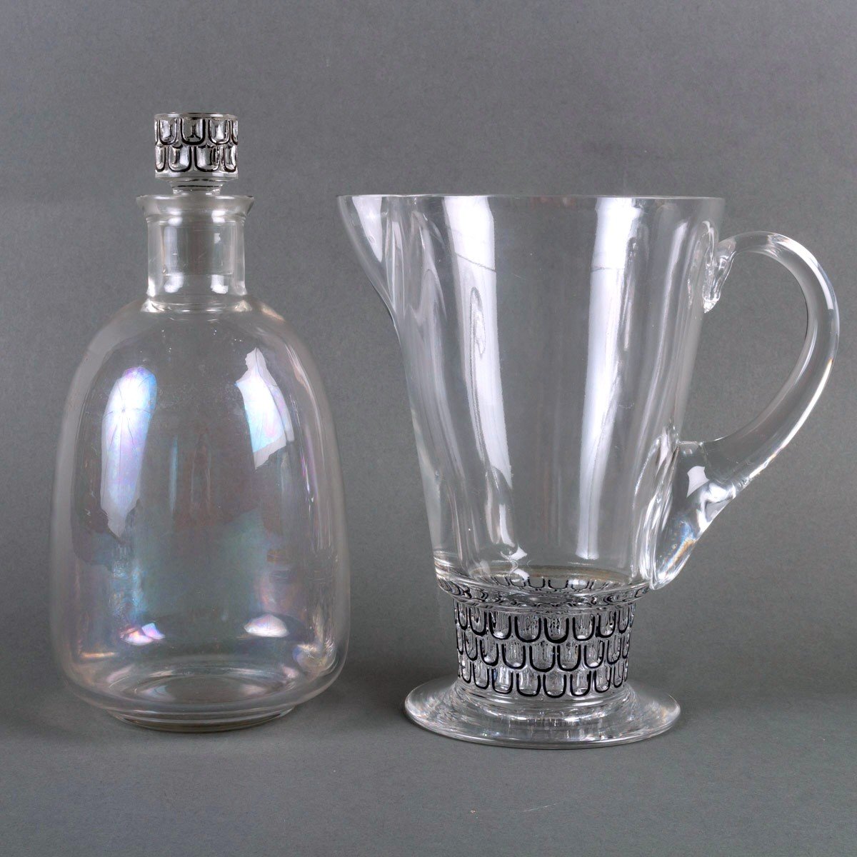 1926 René Lalique -decanter And Pitcher Saint Nabor Glass Black Enamel