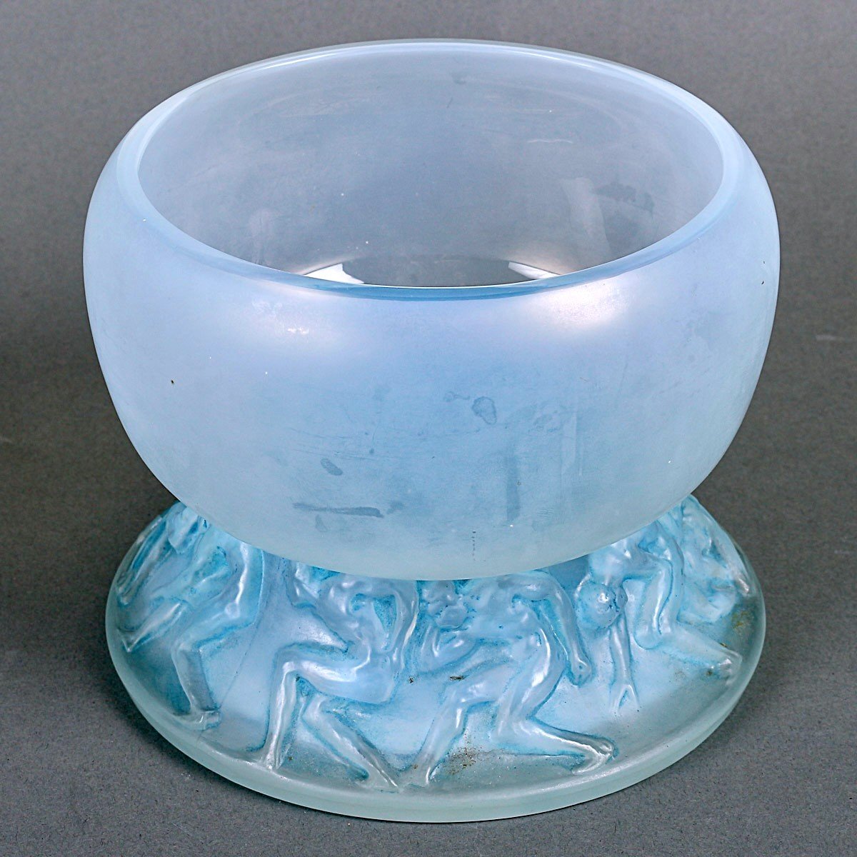 1914 René Lalique - Vase Lutteurs Verre Opalescent Patiné Bleu-photo-4