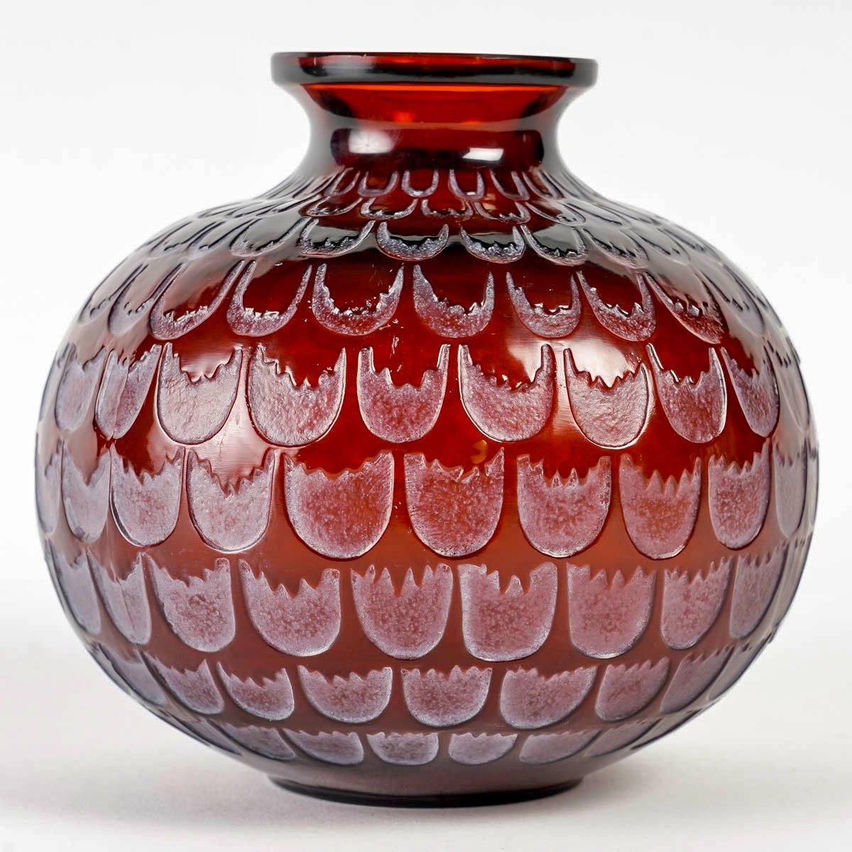 1930 René Lalique - Vase Grenade Pomegranate Red Amber Glass With White Patina-photo-2