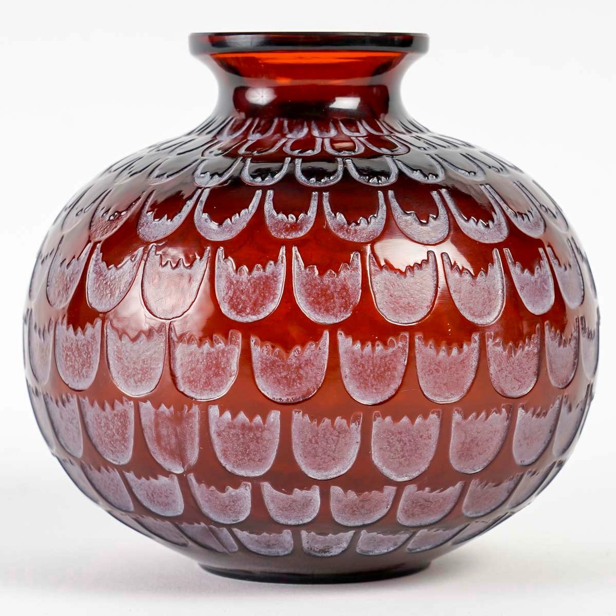 1930 René Lalique - Vase Grenade Pomegranate Red Amber Glass With White Patina