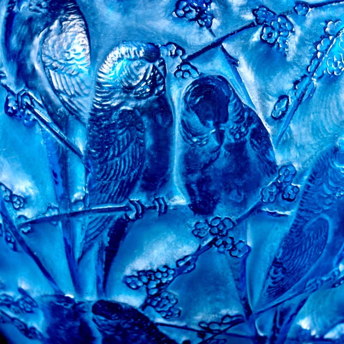 1919 René Lalique - Vase Perruches Electric Blue Glass With White Patina-photo-4