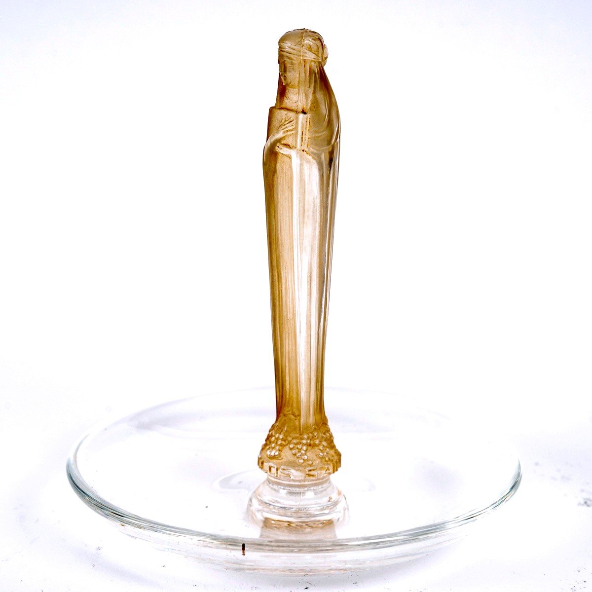 1925 René Lalique - Cendrier Baguier Clos Sainte Odile Verre Blanc Patiné Sépia-photo-2