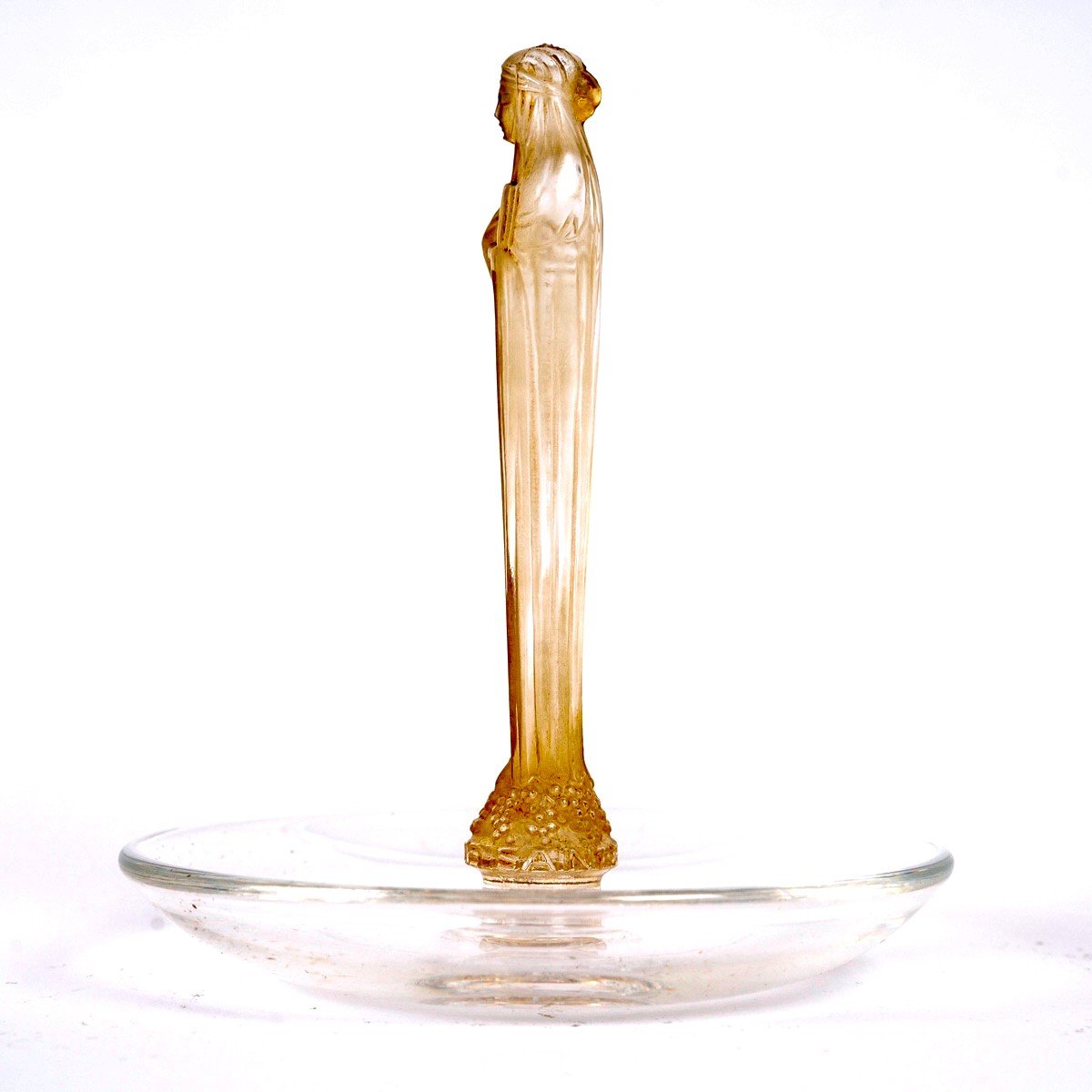 1925 René Lalique - Cendrier Baguier Clos Sainte Odile Verre Blanc Patiné Sépia-photo-3