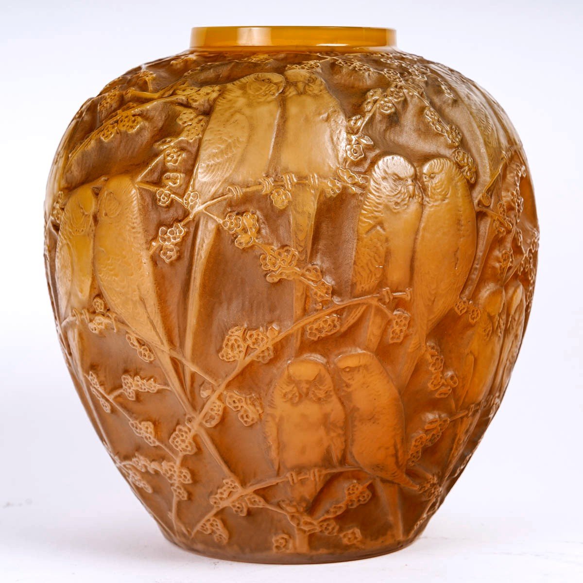 1919 Rene Lalique - Vase Perruches Parrots Cased Butterscotch Glass With Sepia Patina-photo-2