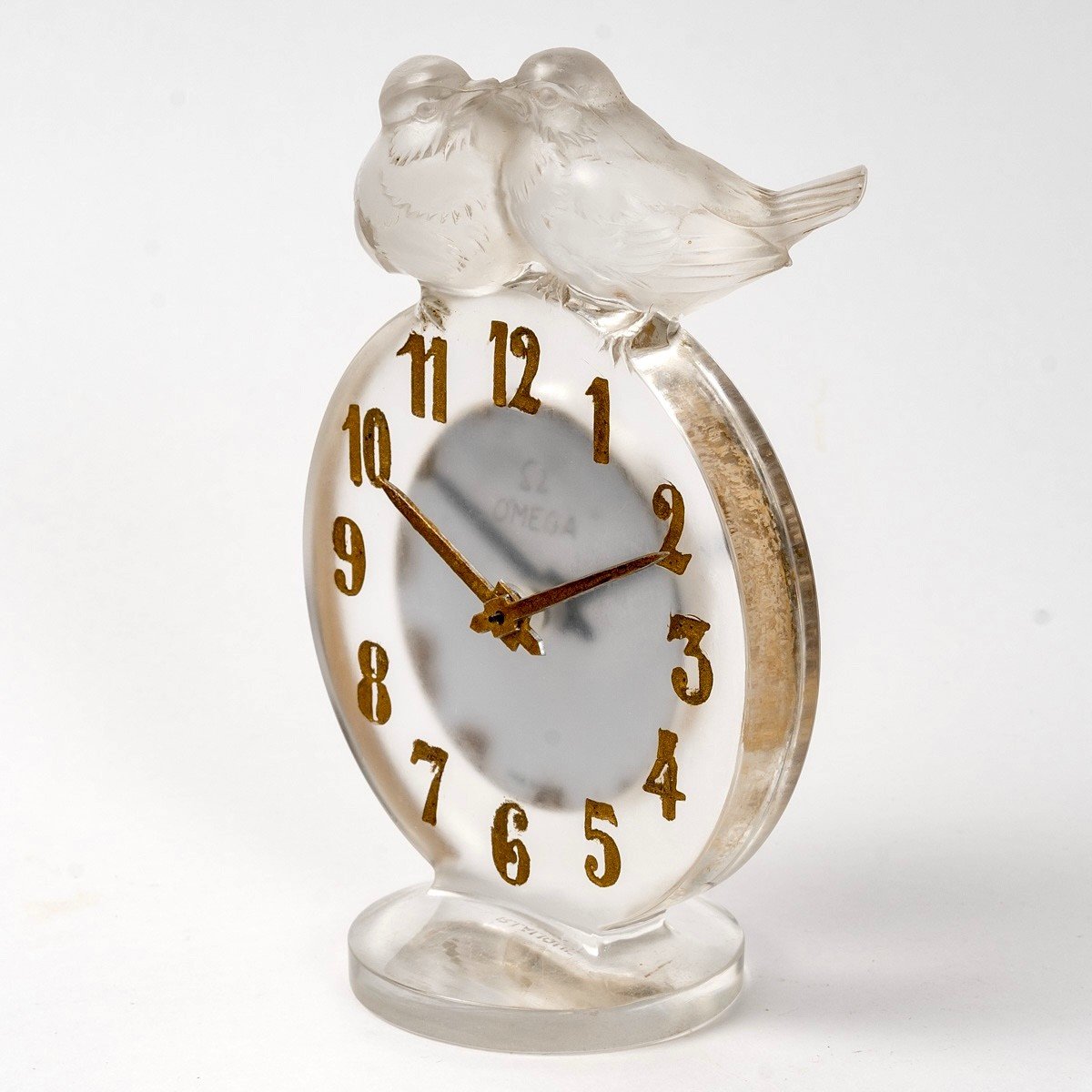 1931 René Lalique - Clock Antoinette Frosted Glass Omega Mechanical Movement-photo-2