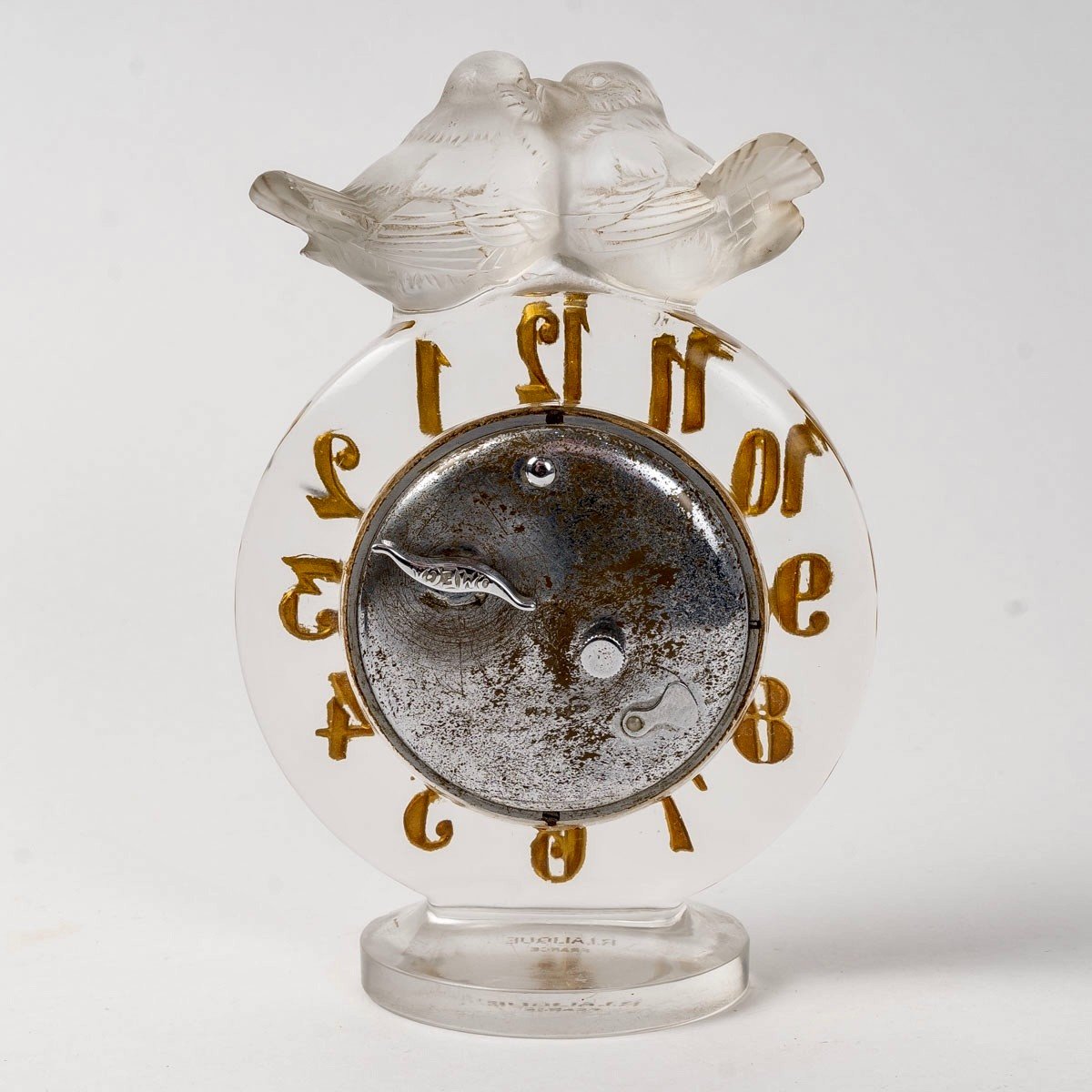 1931 René Lalique - Clock Antoinette Frosted Glass Omega Mechanical Movement-photo-4