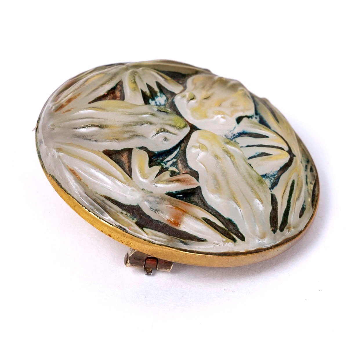 1911 René Lalique - Brooch Grenouilles Frogs Glass With Green Patina On Yellow Foil-photo-2