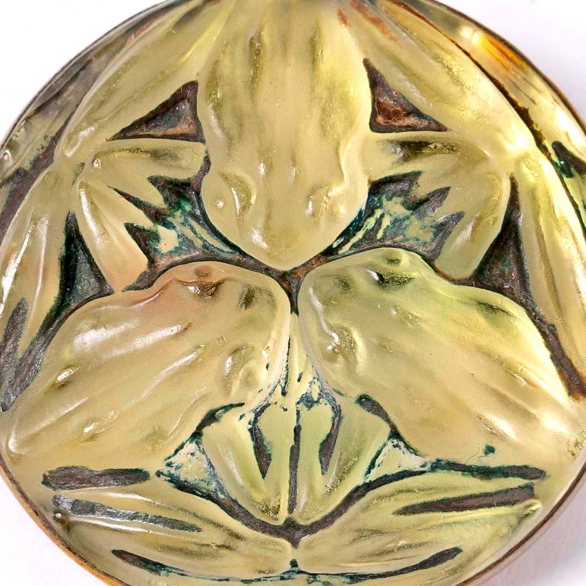 1911 René Lalique - Brooch Grenouilles Frogs Glass With Green Patina On Yellow Foil-photo-3