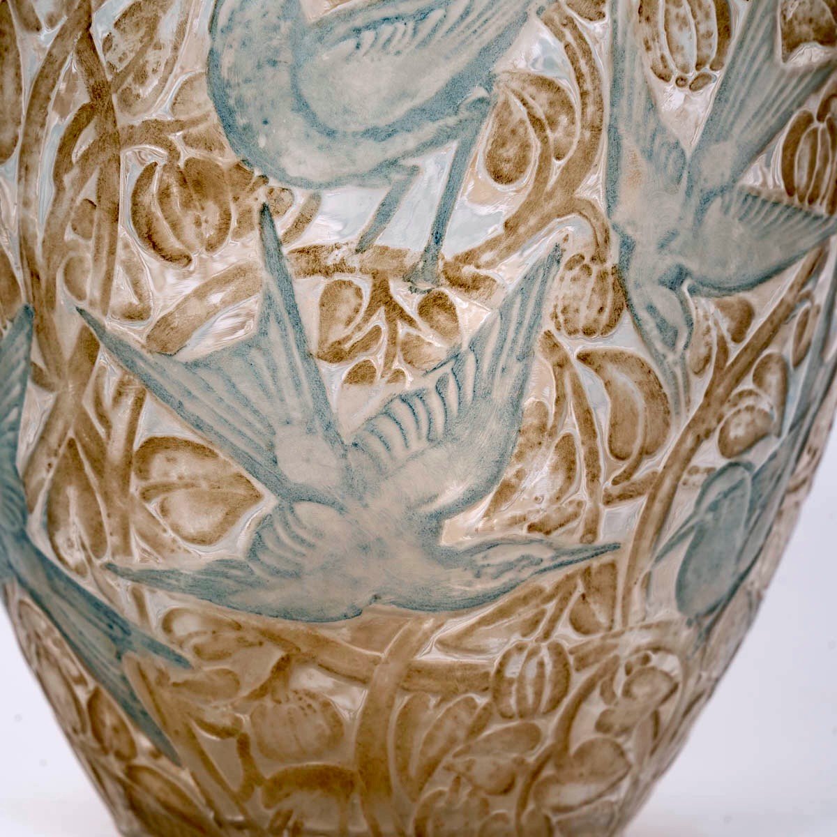 1923 René Lalique - Vase Martin Pecheurs Frosted Glass With Sepia And Green Patina-photo-4