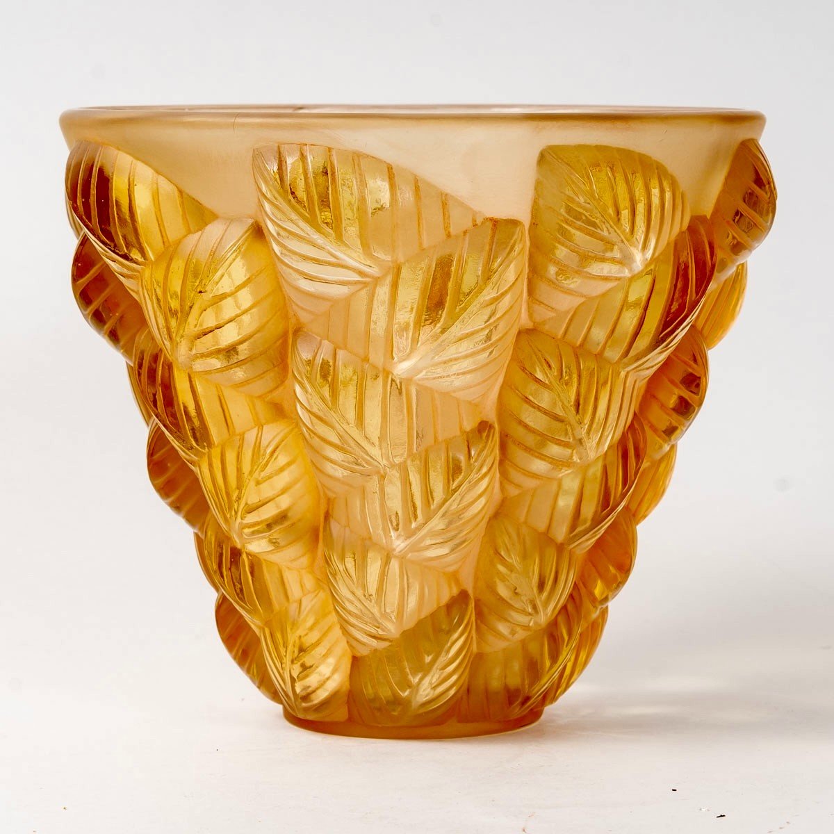 1927 René Lalique - Vase Moissac Yellow Amber Glass With Sepia Patina