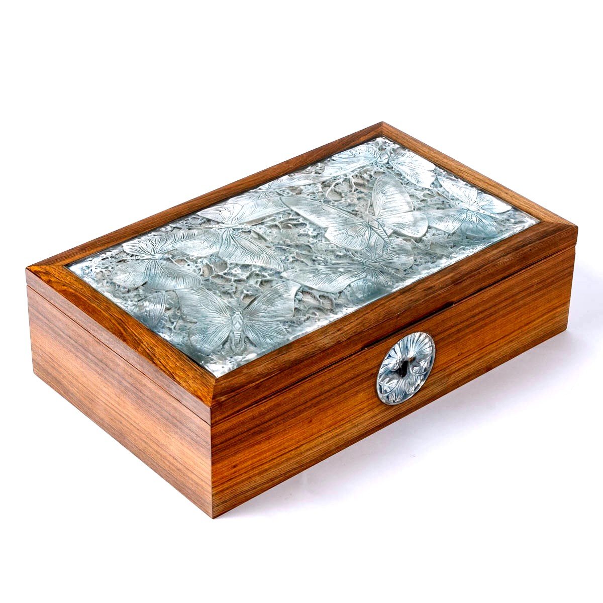 1920 René Lalique - Box Box Butterflies White Glass Patinated Blue