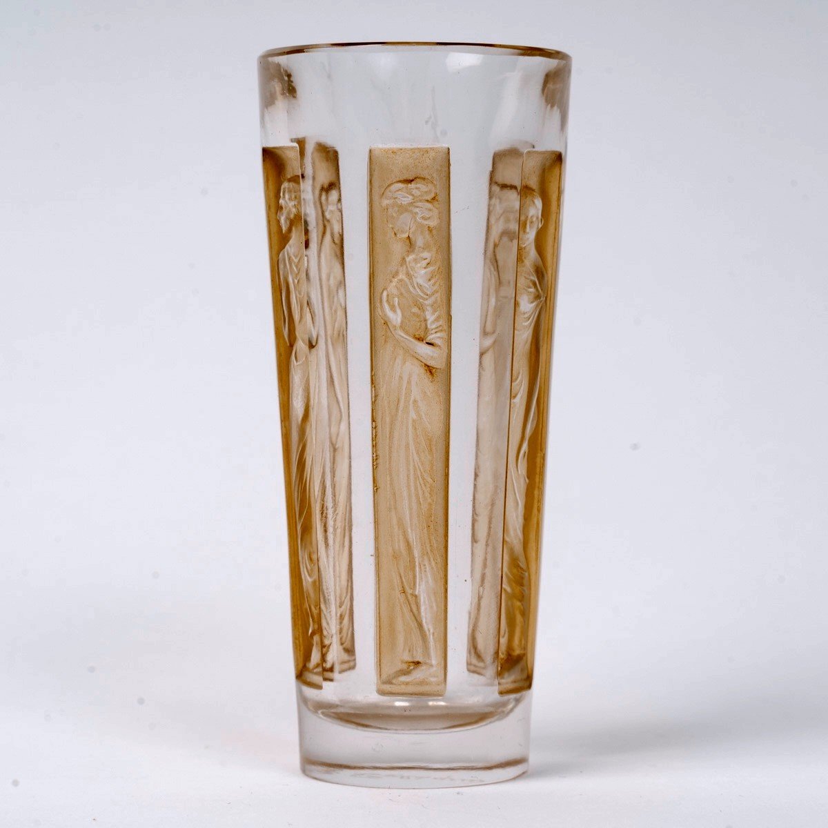 1911 René Lalique - Set Of 4 Glasses Tumblers Six Figurines Glass With Sepia Patina-photo-1