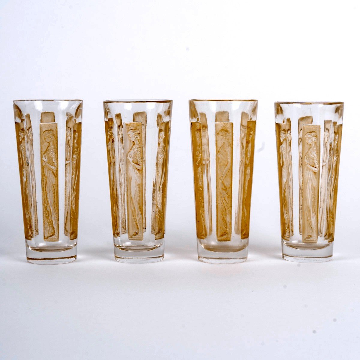 1911 René Lalique - Set Of 4 Glasses Tumblers Six Figurines Glass With Sepia Patina