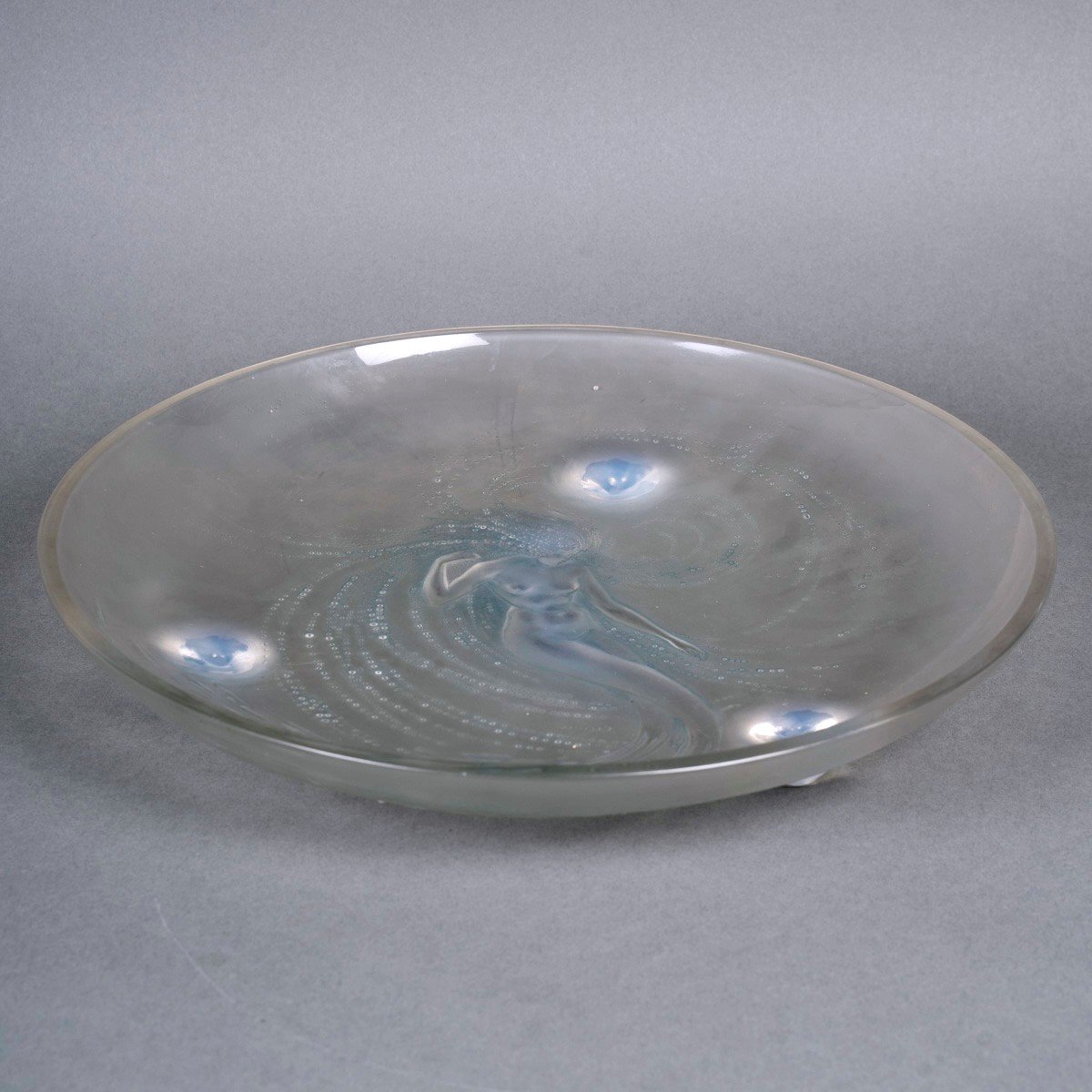 1920 René Lalique - Coupe Trépied Sirène Verre Opalescent Patiné Bleu-photo-2