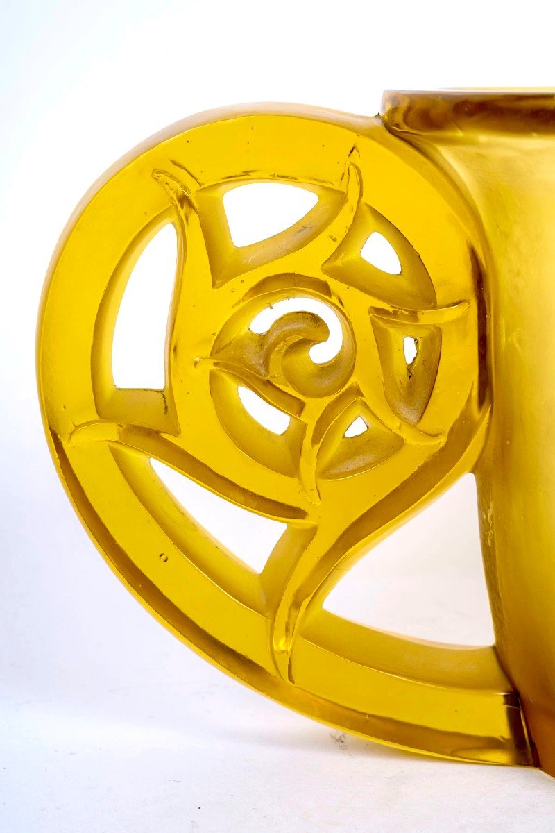 1926 René Lalique - Vase Pierrefonds Verre Jaune Ambré-photo-4