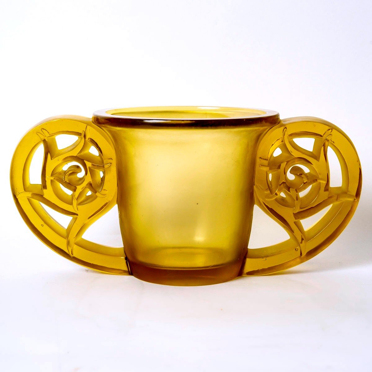 1926 René Lalique - Vase Pierrefonds Verre Jaune Ambré