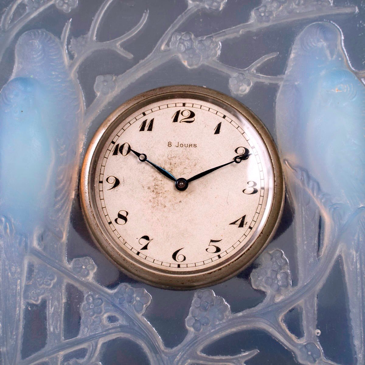 1926 René Lalique - Clock Inséparables Parrrots Opalescent Glass Mechanical Movement-photo-3