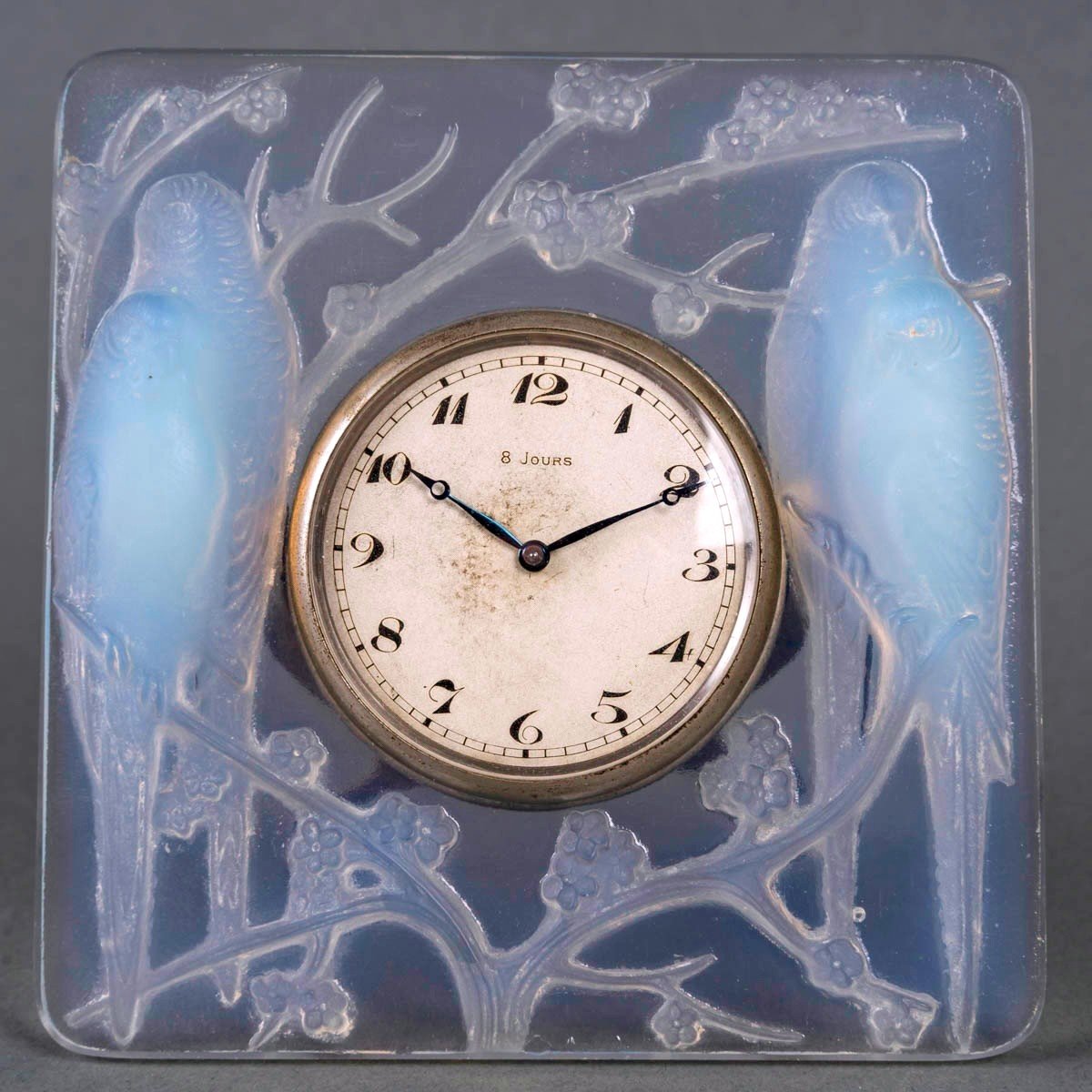 1926 René Lalique - Pendulette Inséparables Verre Opalescent Mouvement Mécanique