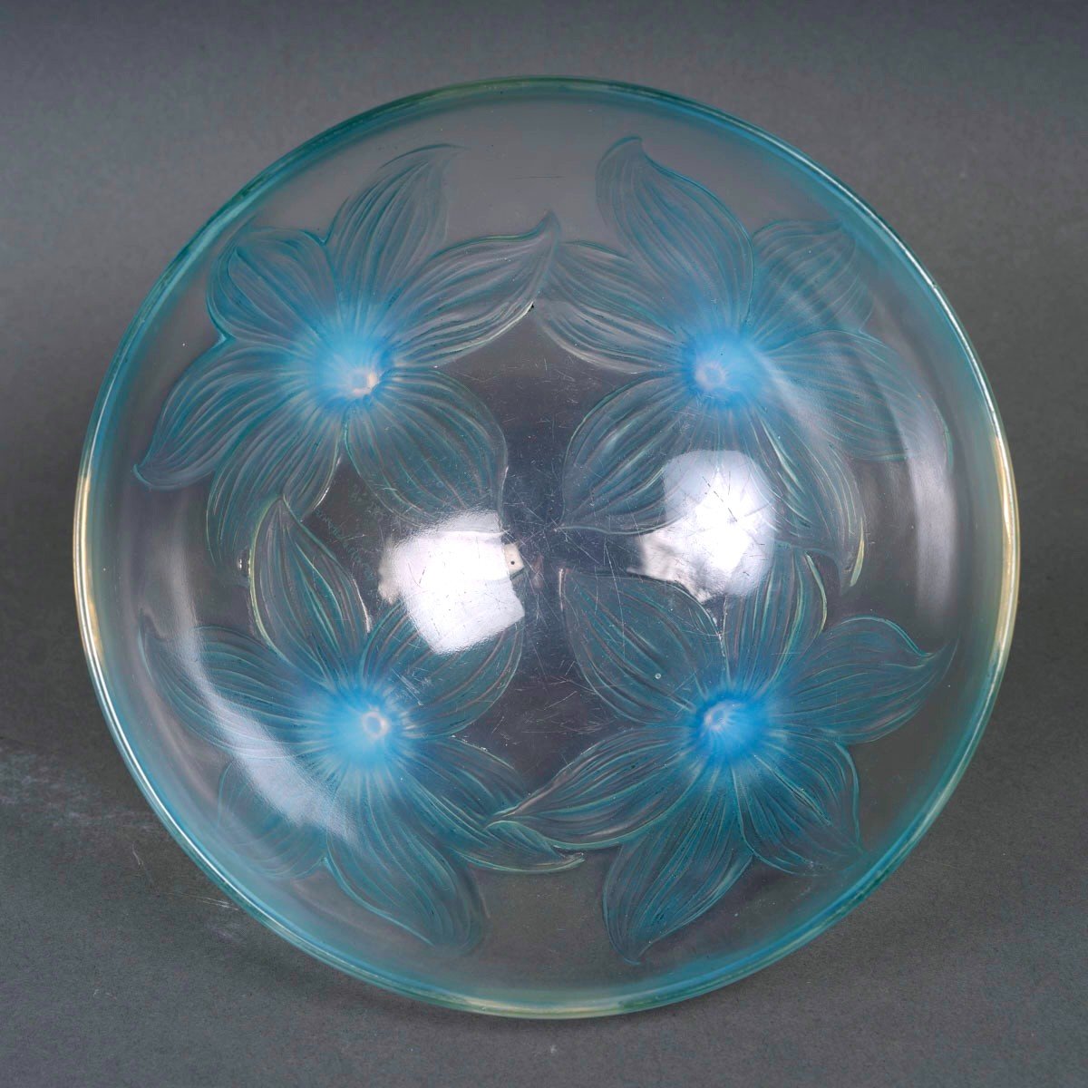1924 René Lalique - Bowl Lys Lily Opalescent Glass With Blue Patina-photo-3