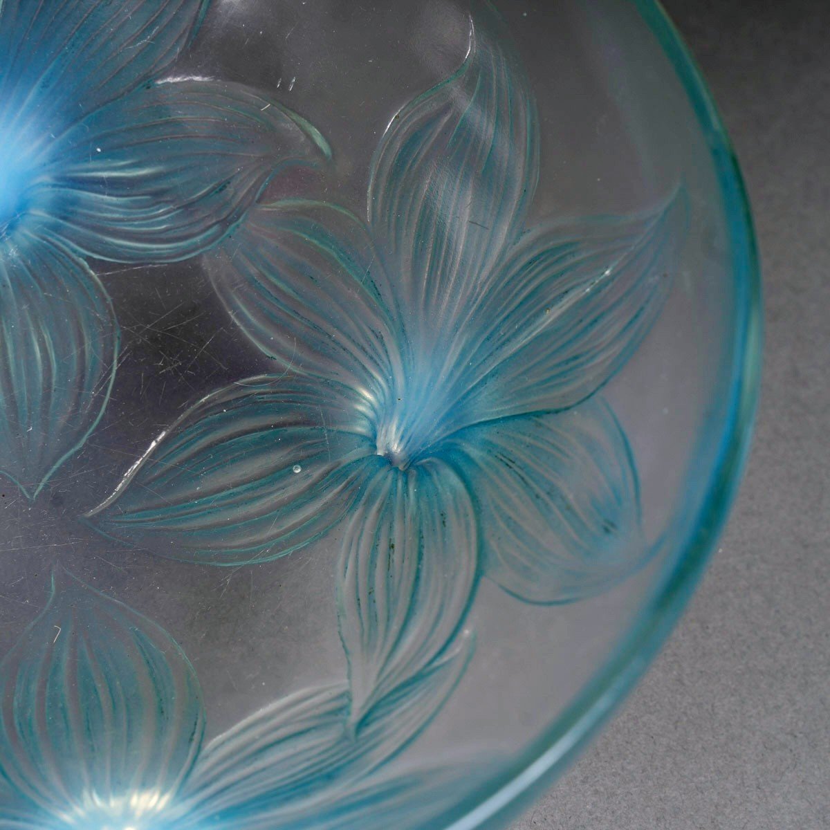 1924 René Lalique - Bowl Lys Lily Opalescent Glass With Blue Patina-photo-1