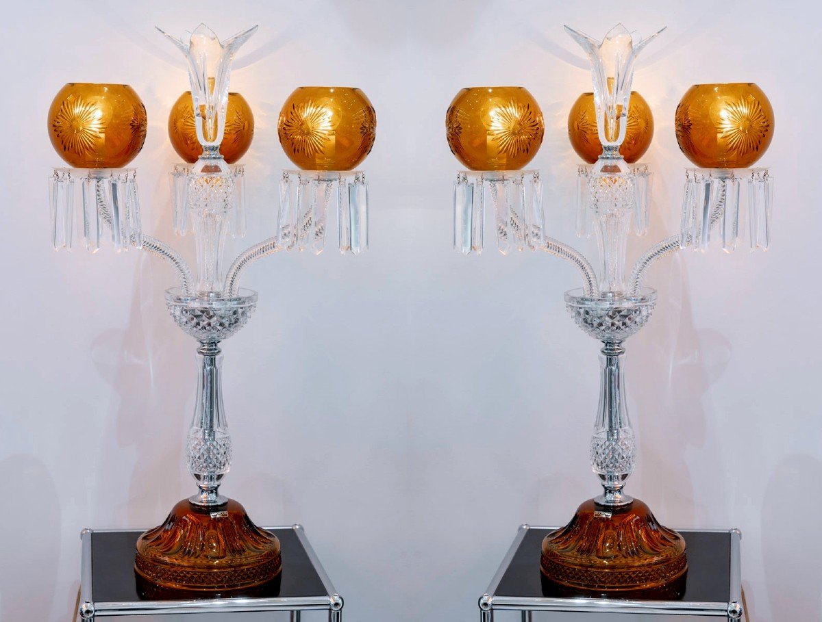 Saint-louis - Pair Of Candelabras Maharadja Clear And Amber Crystal