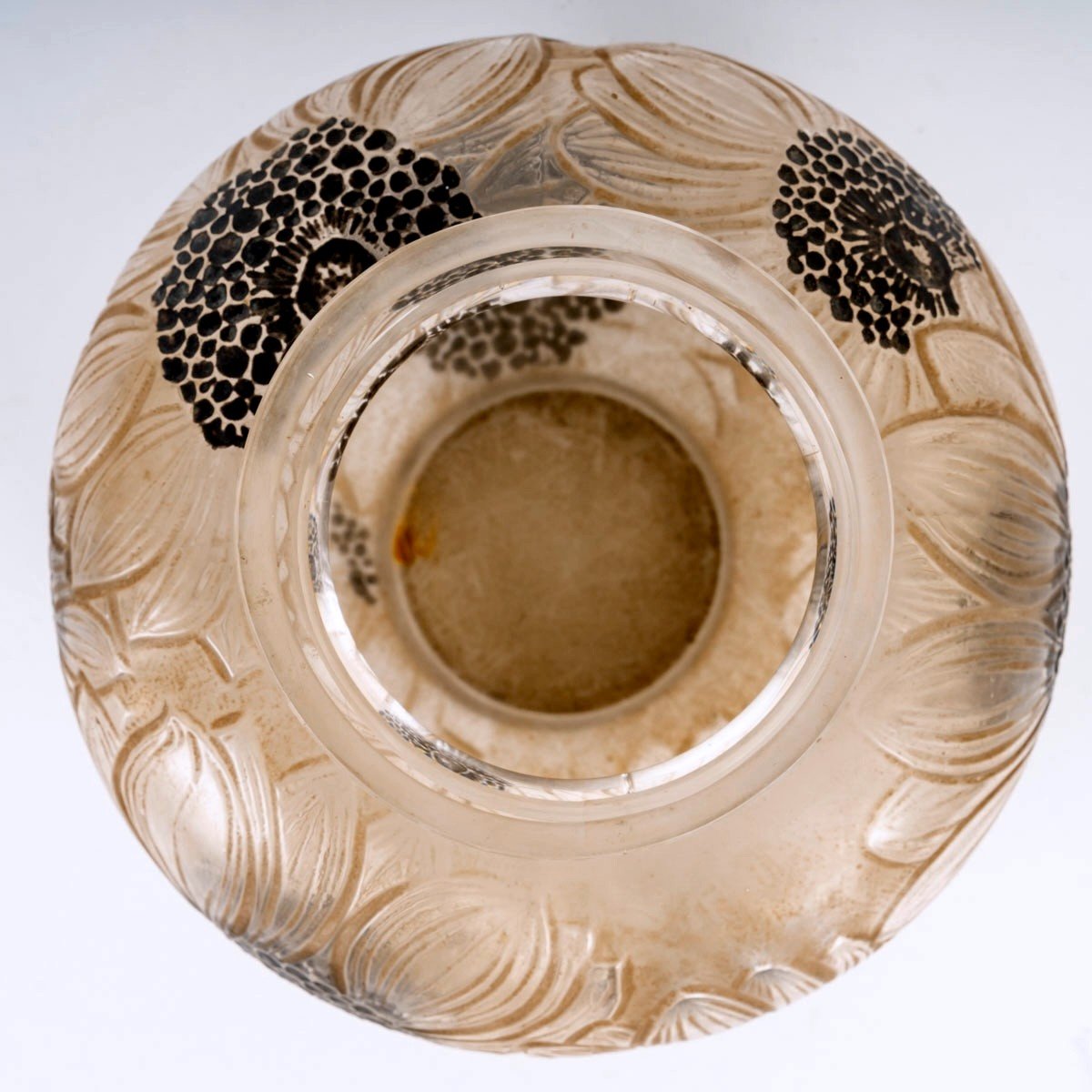 1923 René Lalique - Vase Dahlias Glass With Sepia Patina And Black Enamel-photo-4