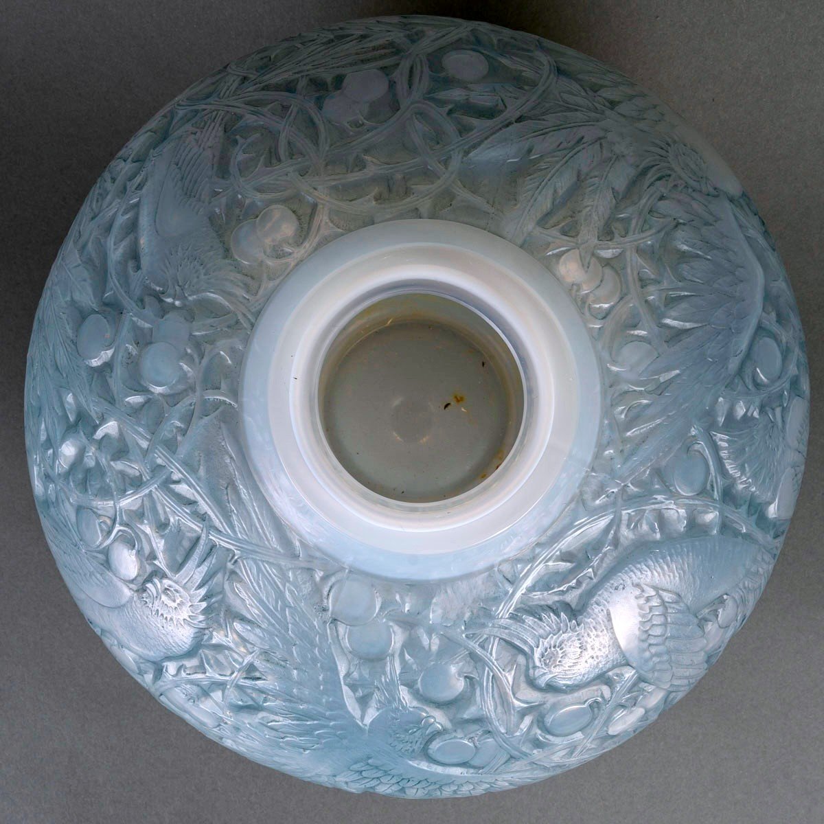 1924 René Lalique - Vase Aras Verre Opalescent Patiné Bleu-photo-4