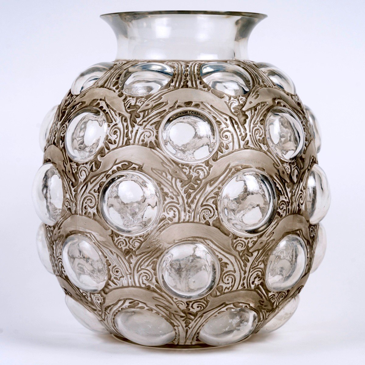 1925 René Lalique - Vase Antilopes Glass With Grey Patina 