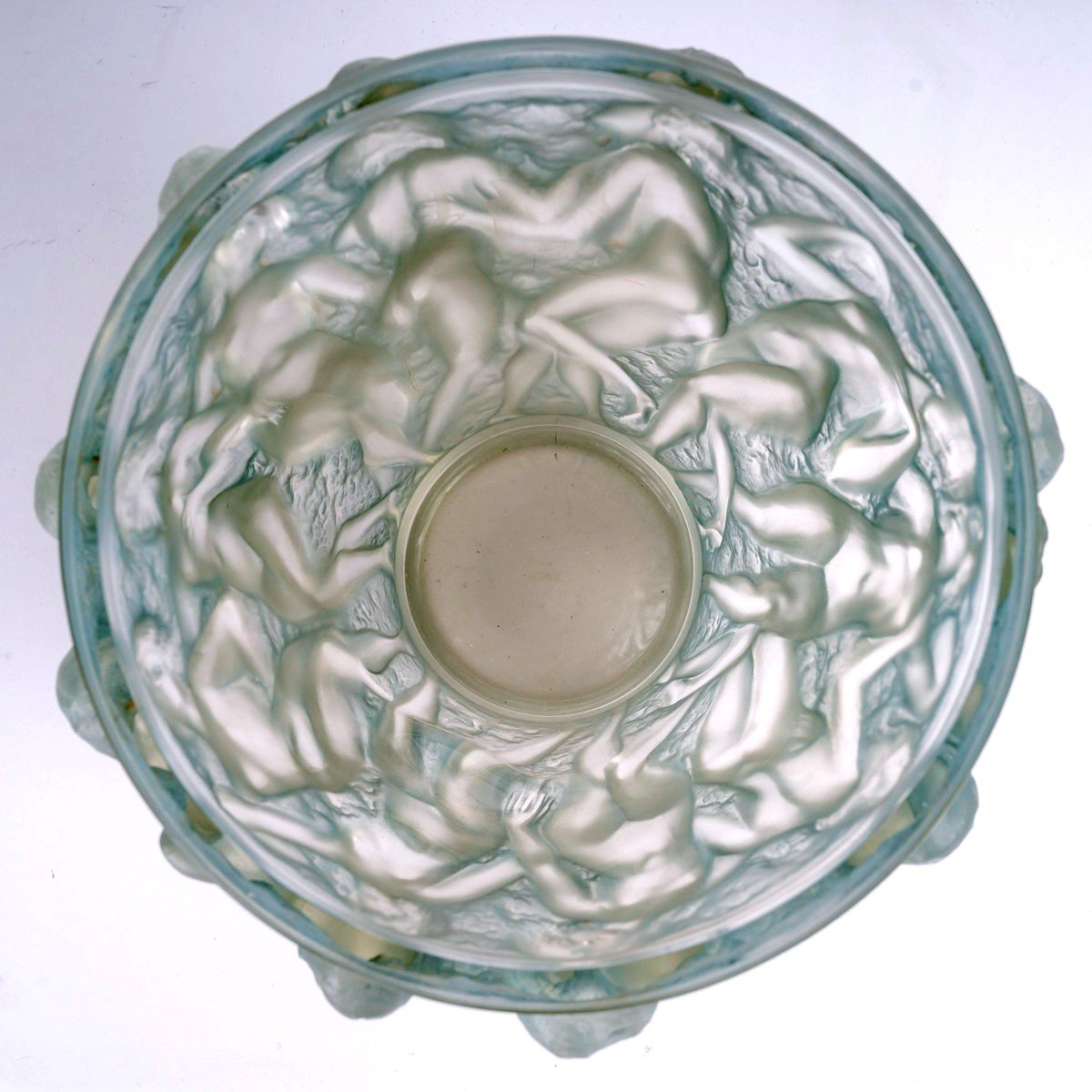 1927 René Lalique - Vase Bacchantes Verre Blanc Patiné Bleu-photo-1