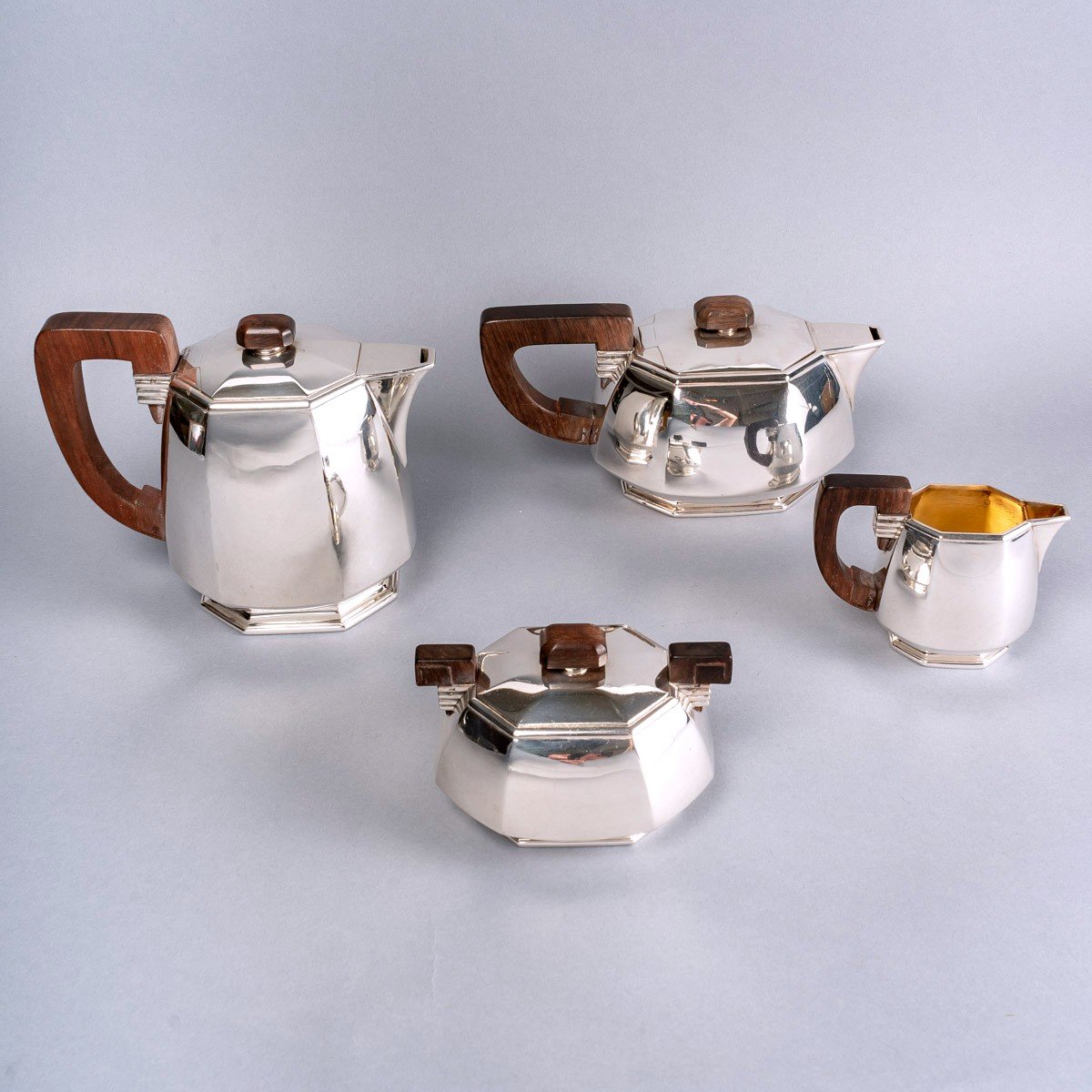 1930 Jean E. Puiforcat - Tea And Coffee Set In Sterling Silver And Rosewood