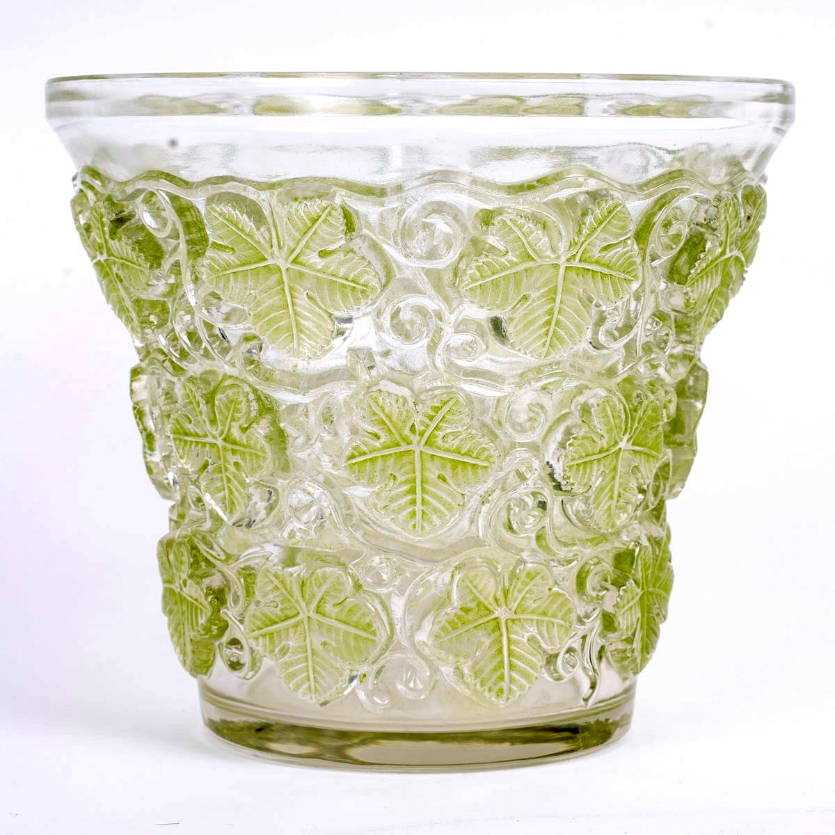 1938 René Lalique - Vase Seau à Champagne Reims Verre Blanc Patiné Vert-photo-2