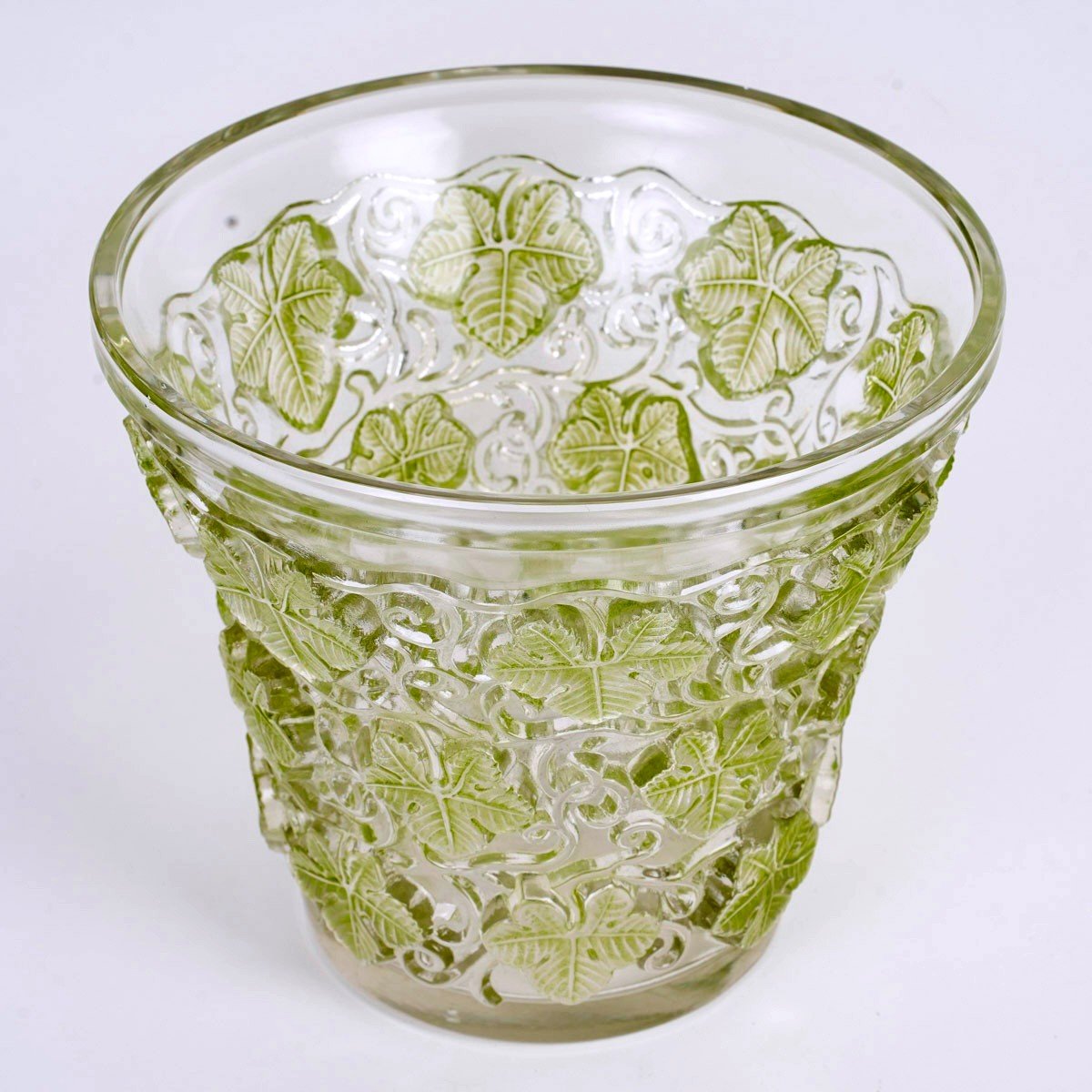 1938 René Lalique - Vase Seau à Champagne Reims Verre Blanc Patiné Vert-photo-3